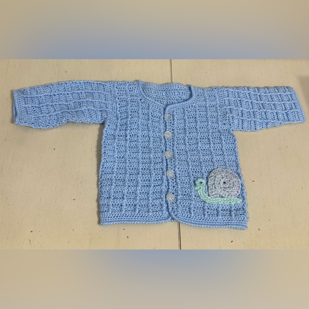Blue Crocheted Baby Cardigan with Snail Design